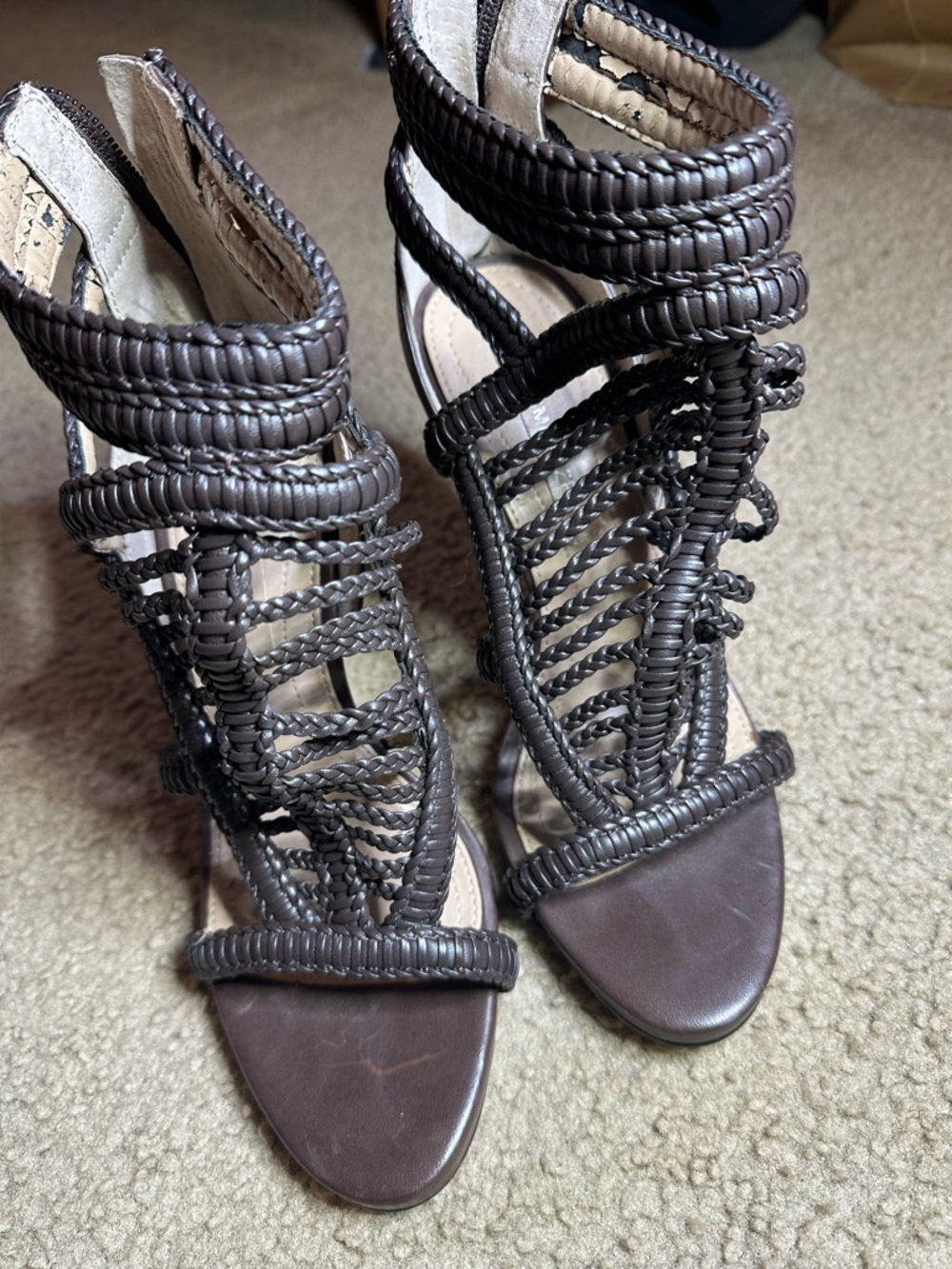 BCBG max azria brown vintage strappy braided hi heels